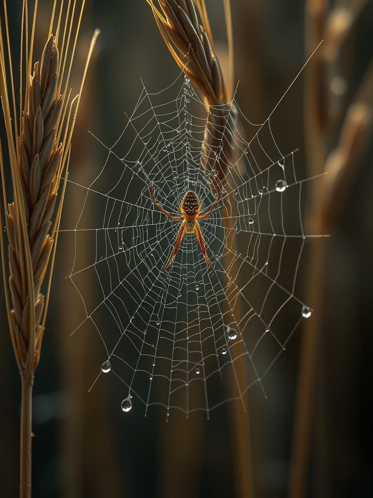 Macro Spiderweb on Wheat in Hyperreal Style