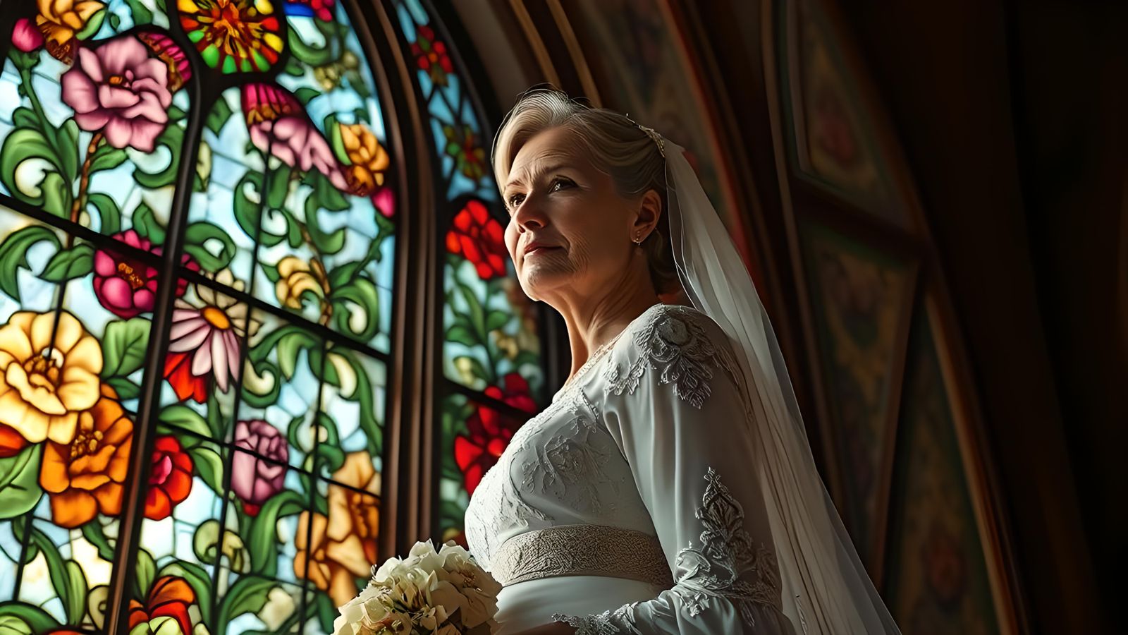 Italian Bride Before Stained Glass Window