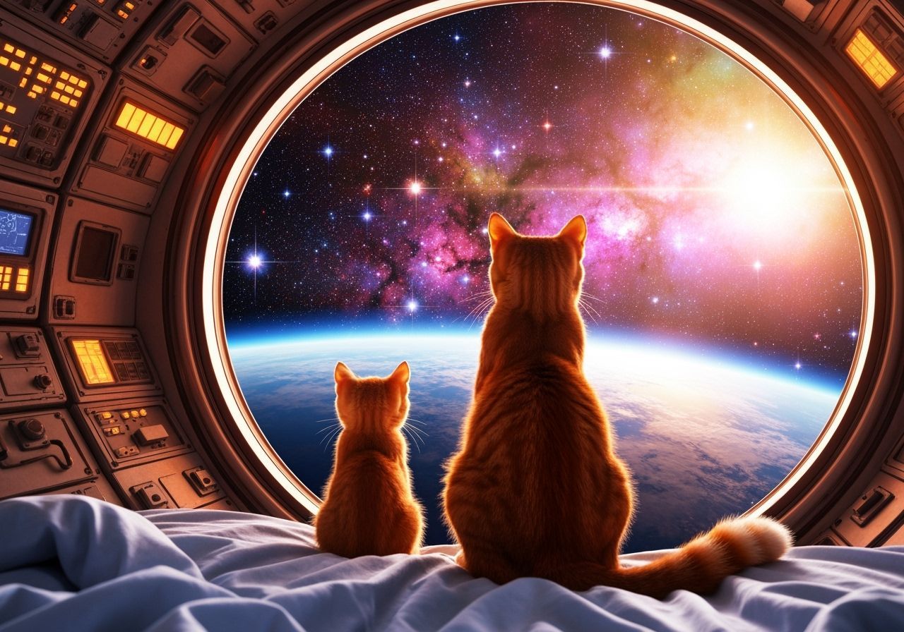 Orange Tabby Cats Watch Cosmic View from Spaceship Window