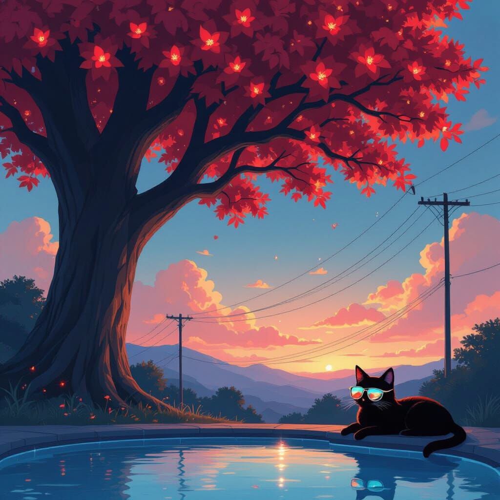 Glowing Red Blossoms Tree Against Evening Sky