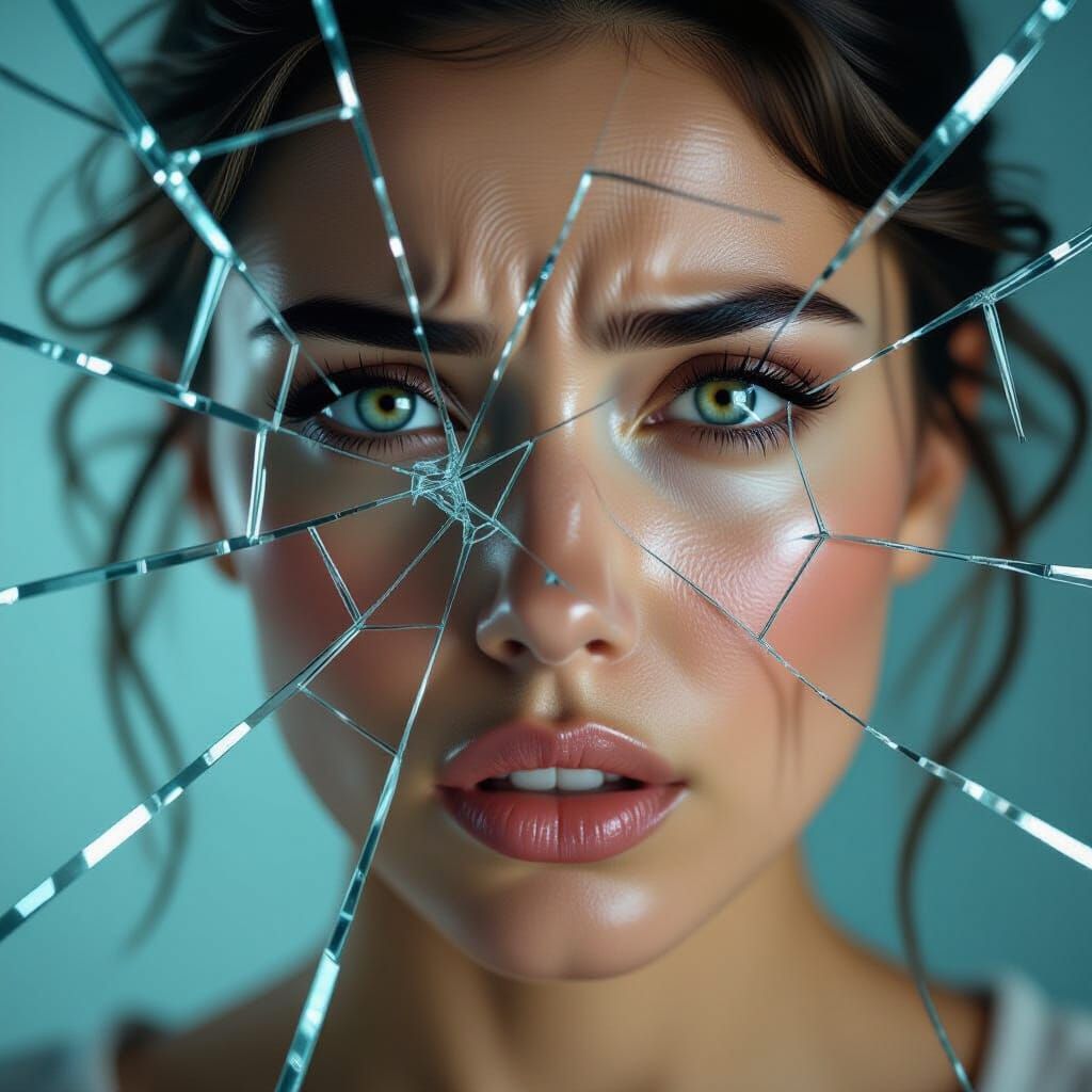 Woman's Face Cracking Like Broken Mirror in Horror