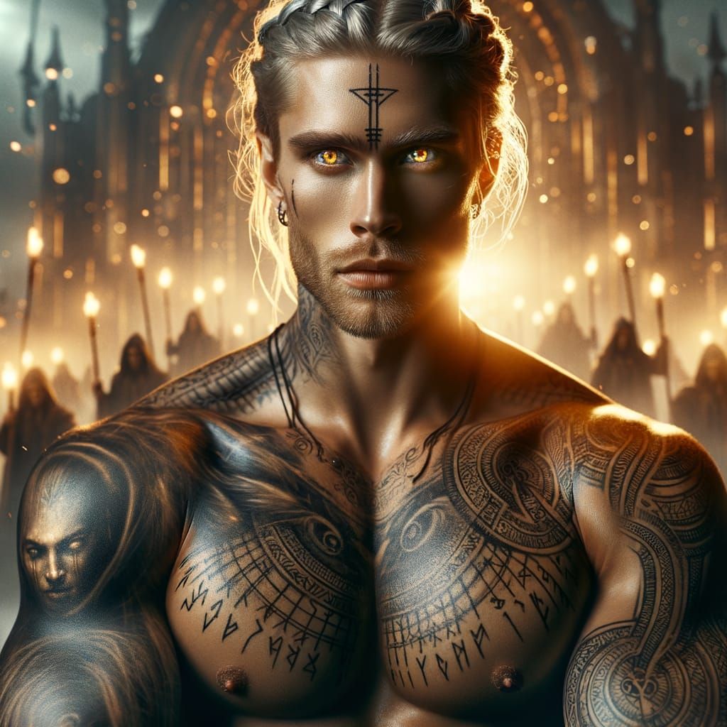 Nordic Warrior with Golden Eyes and Rune Tattoos