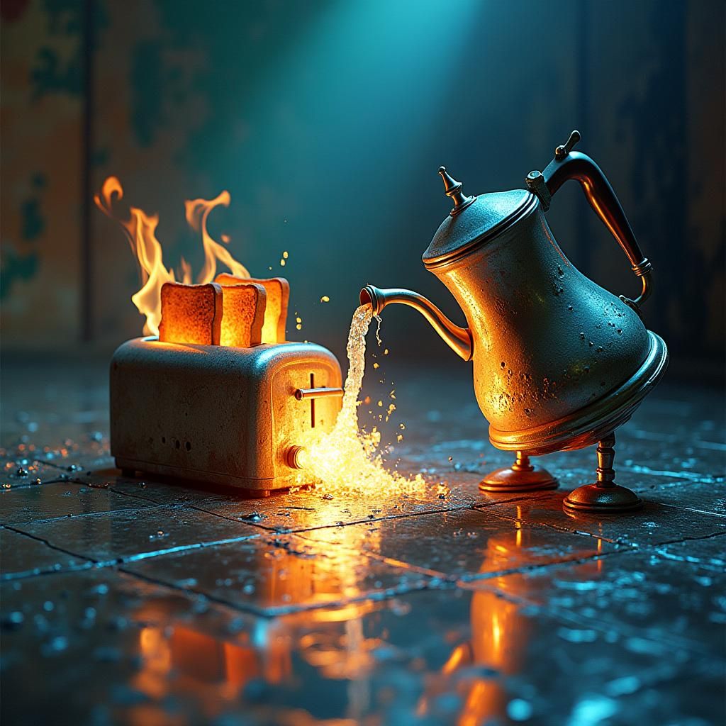 Kettle vs Toaster: Surreal Radioactive Oil Painting