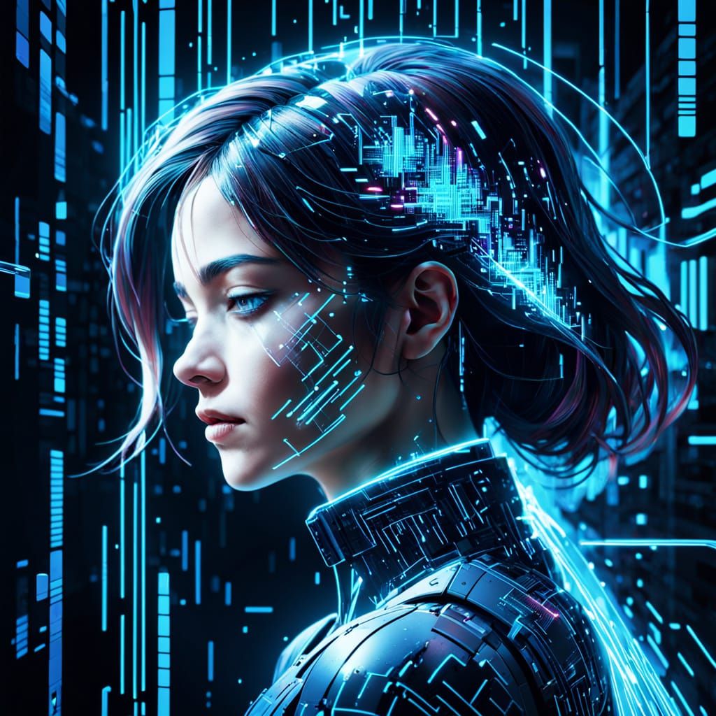 Surreal Futuristic Portrait in Neon Blue and Glowing Circuit...