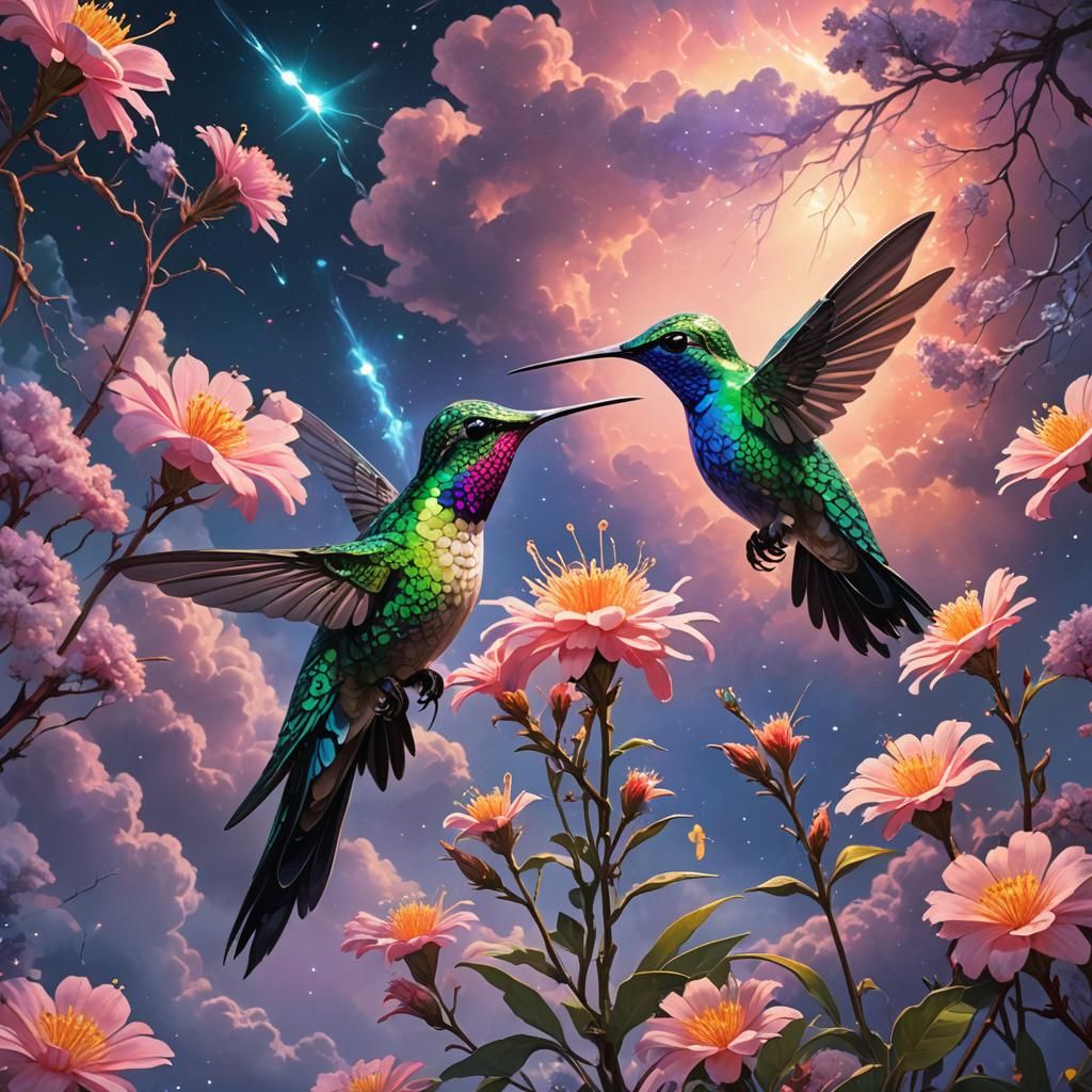 Iridescent Hummingbird Sipping Nectar in Ethereal Art Deco