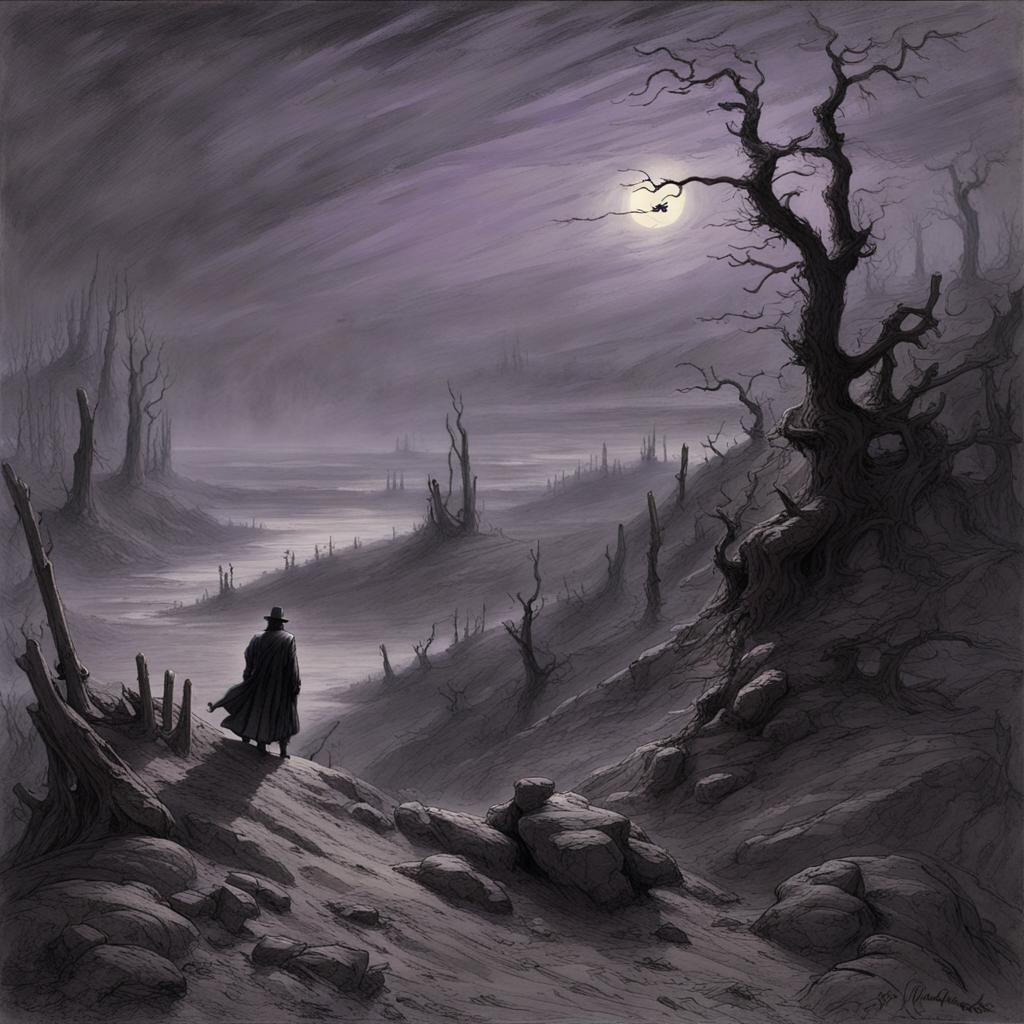 Misty Landscape with Purple Flag in Gothic Horror Style