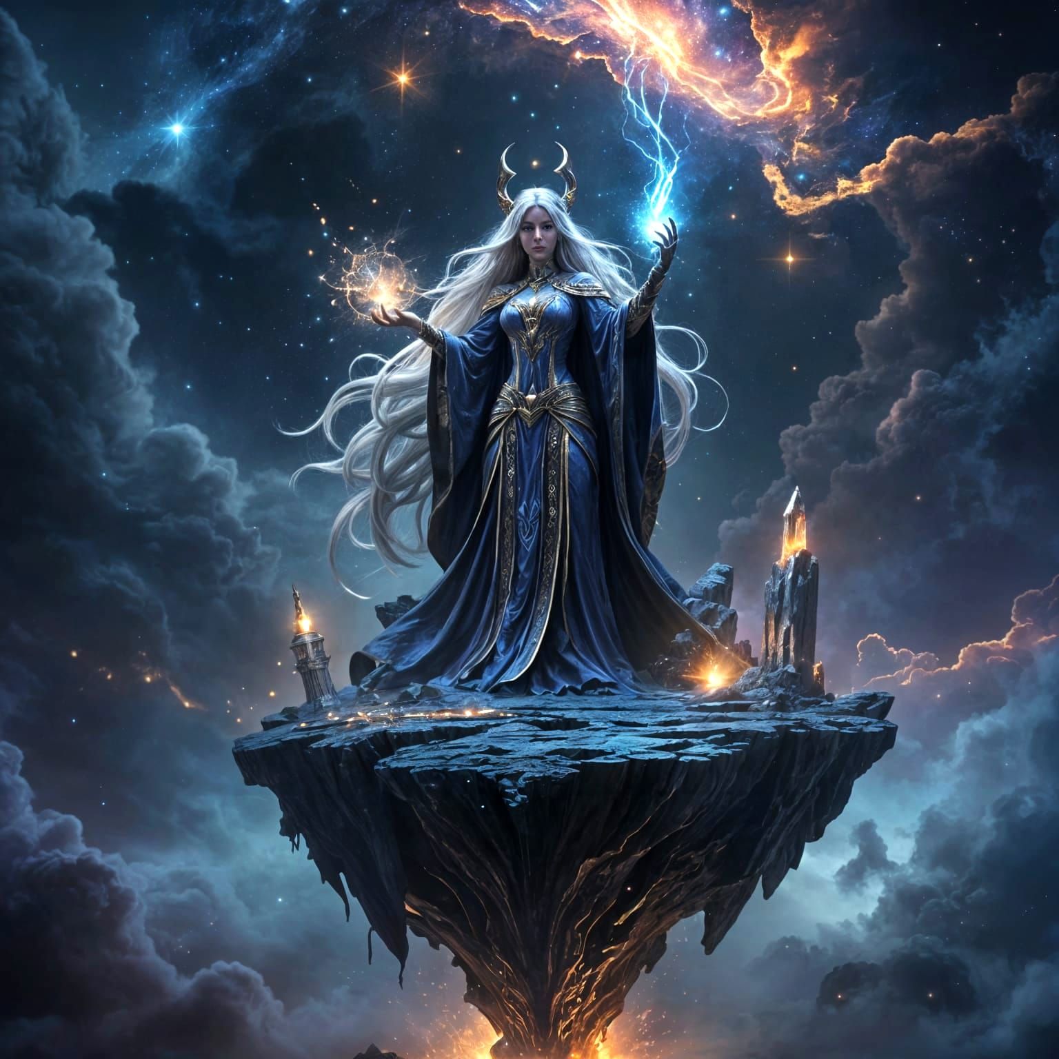 Celestial Sorceress on a Floating Island Amidst a Swirling N...