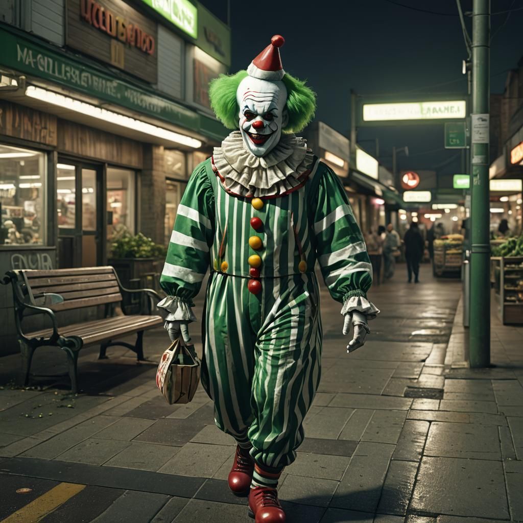 Clown Near Supermarket at Night in Horror Style