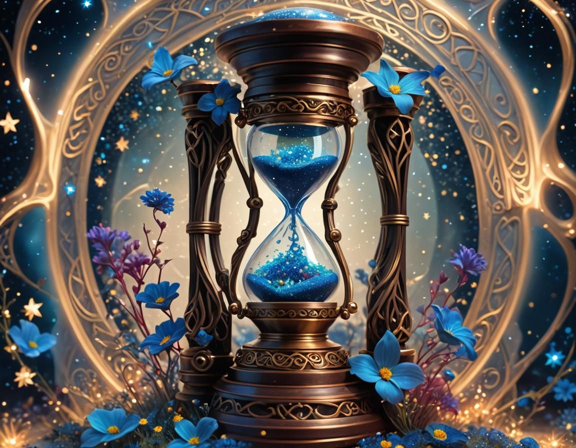 Hyperrealistic Hourglass with Bioluminescent Flowers