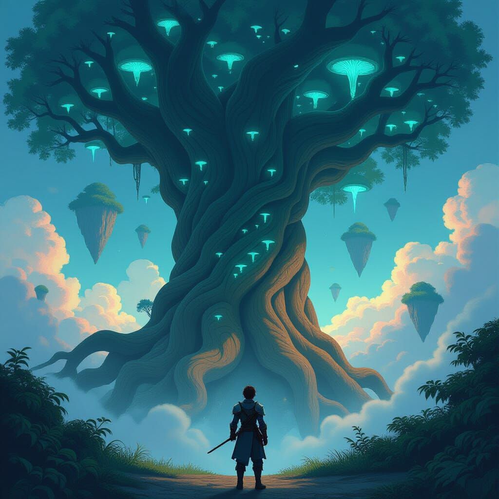 Squire on Ancient Root Below Floating Islands