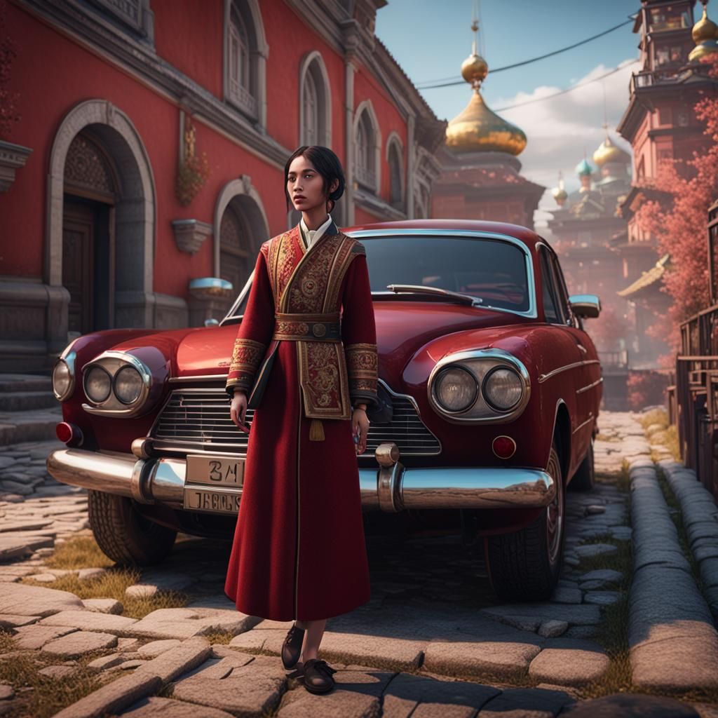 Girl Exiting Aurus Senat in 3D Game Cinematic Style