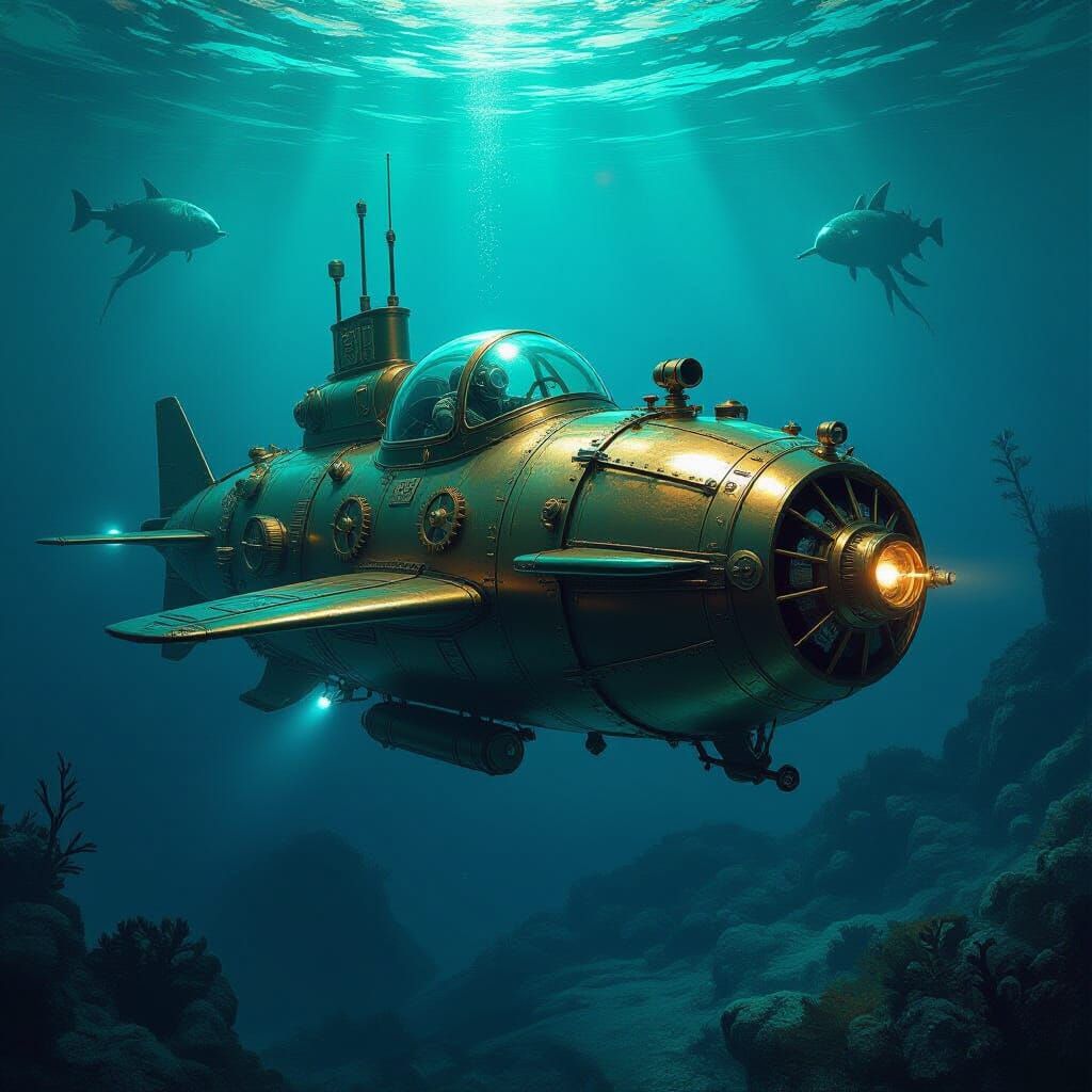 Steampunk Submarine Glides Through Alien Ocean Depths