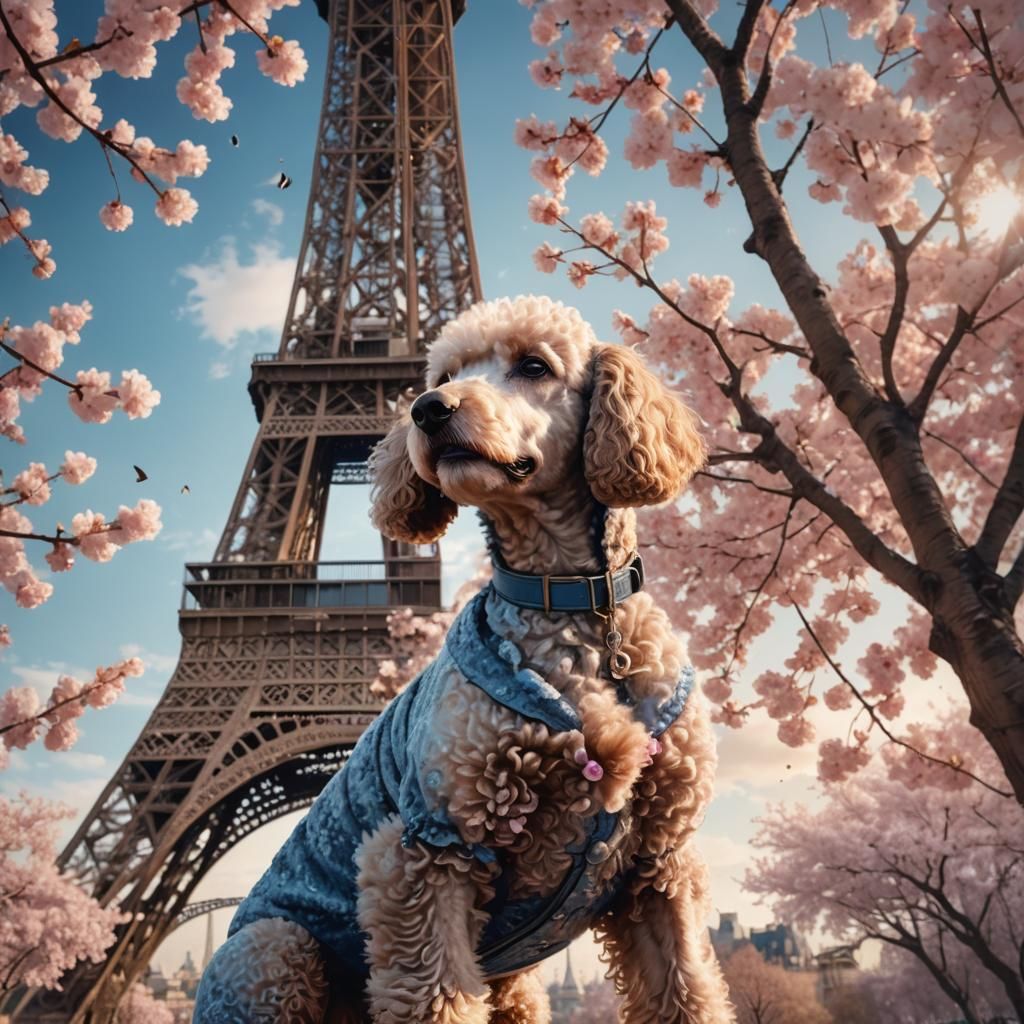 Poodle in Paris: Matte Painting with Cherry Blossoms