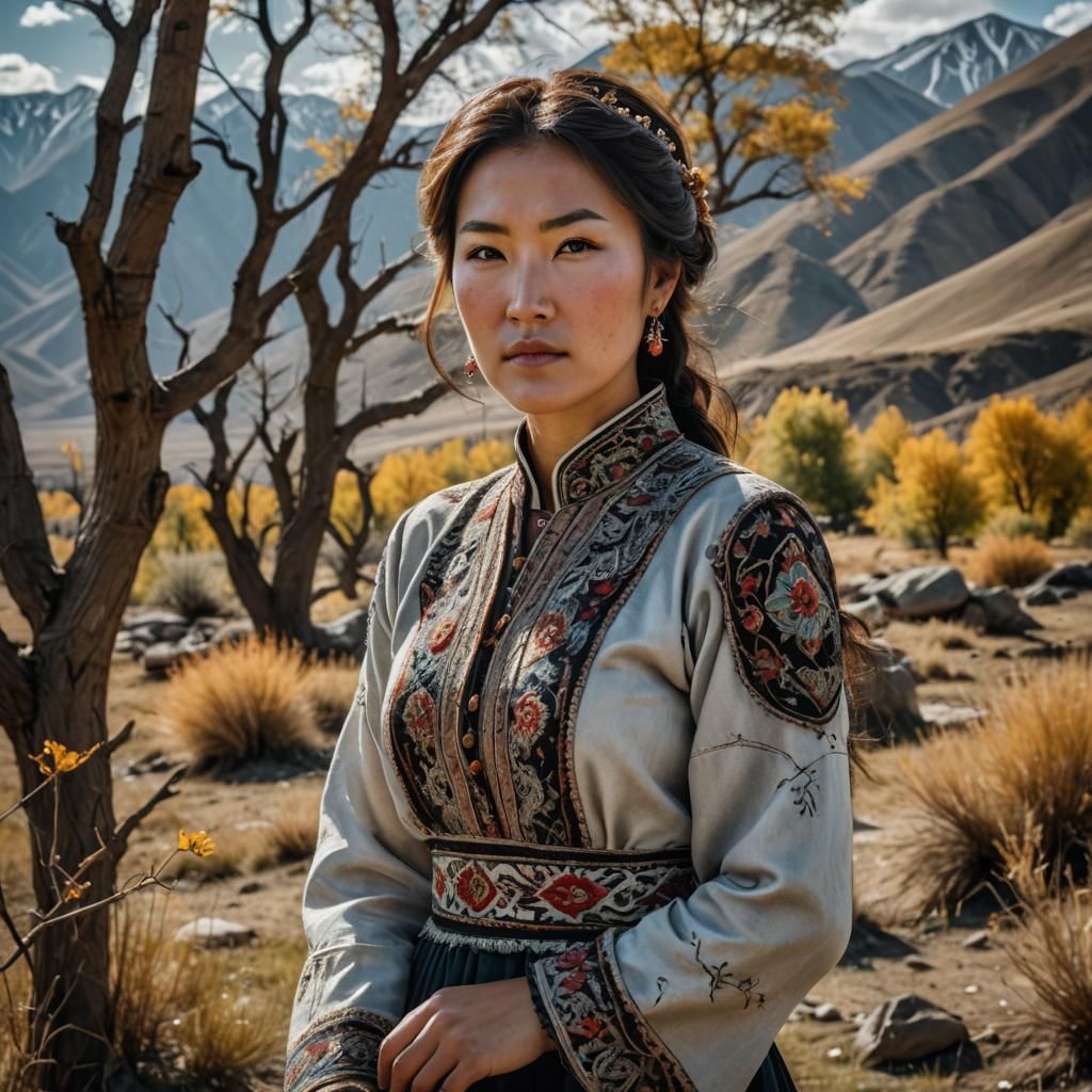 Beautiful Kyrgyz Woman Portrait in Traditional Dress