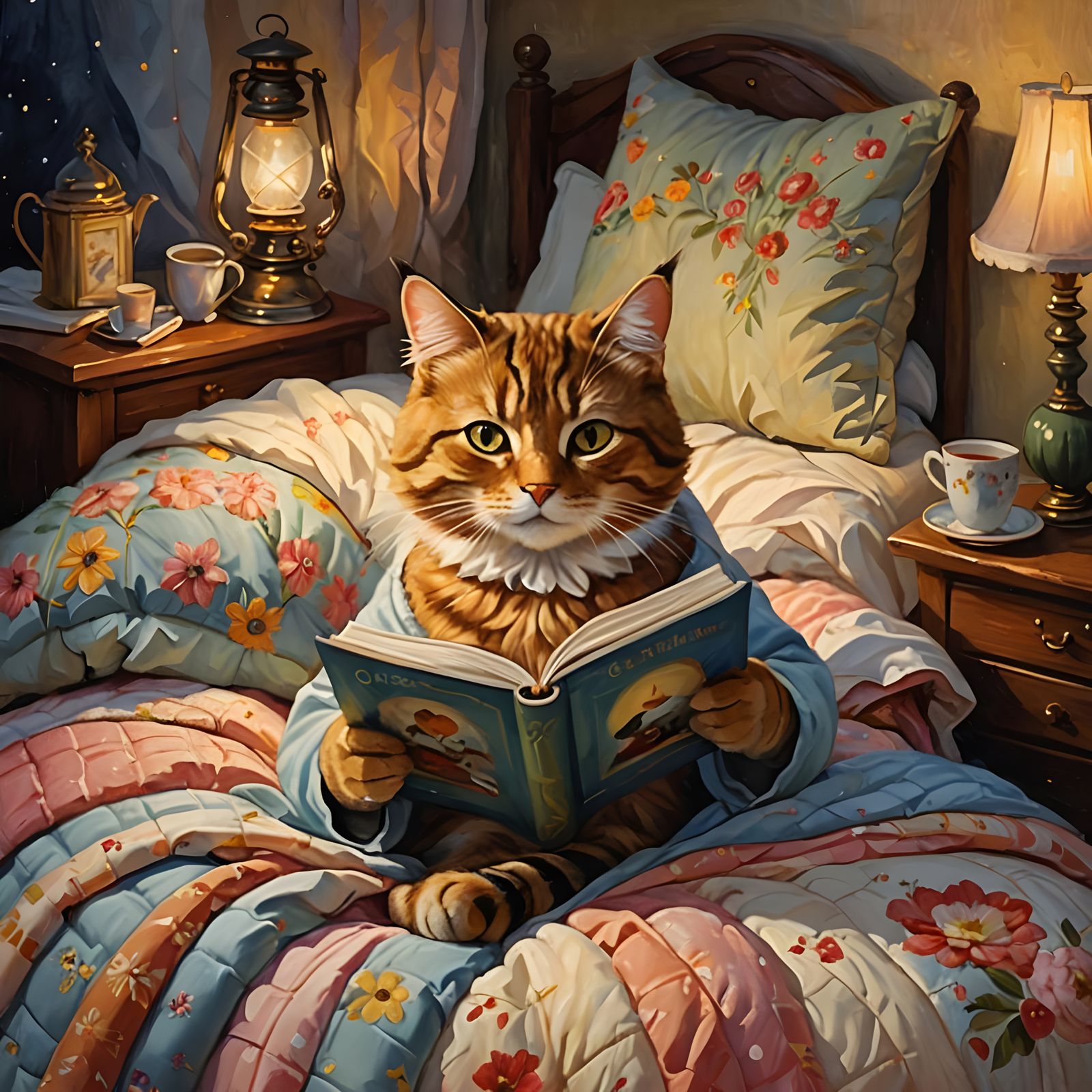 Cozy Cat Reading in Bed, Oil Painting Style