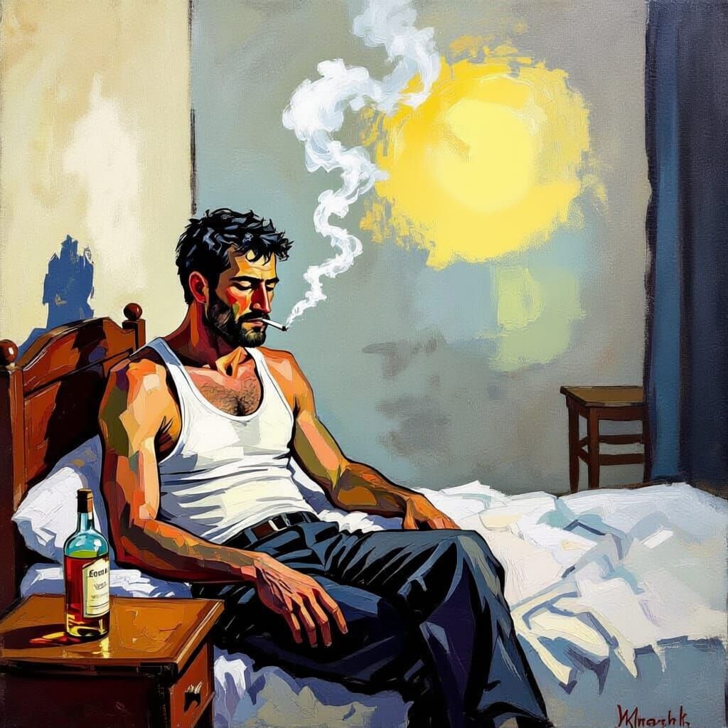 Lonely Man in Hotel Room Oil Painting
