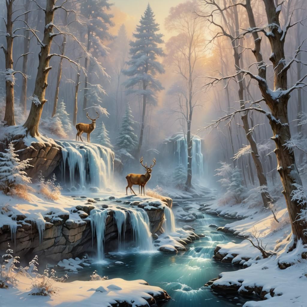 Iced Waterfall and Deer in Winter Forest