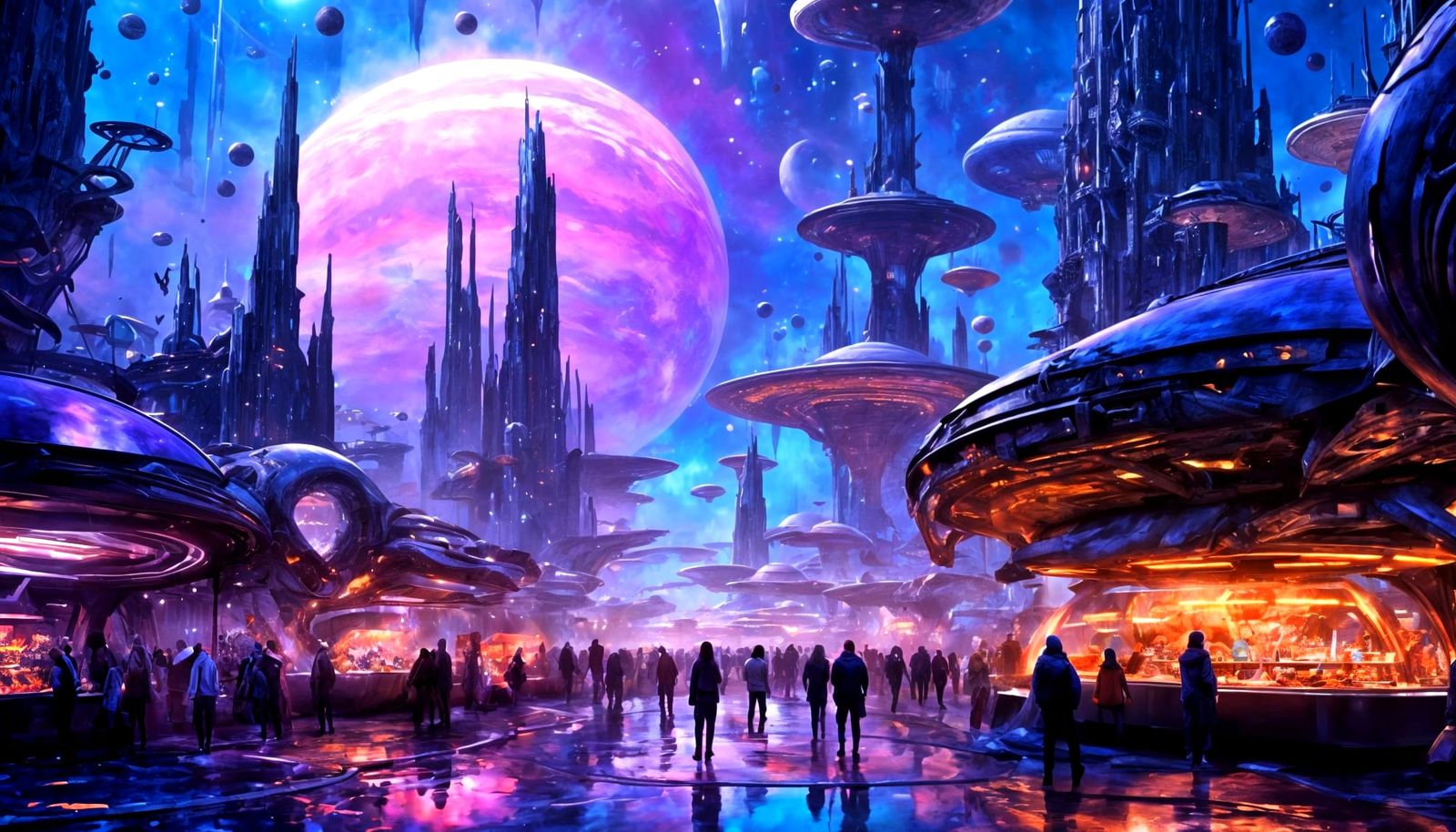 Bustling Alien Marketplace at Night