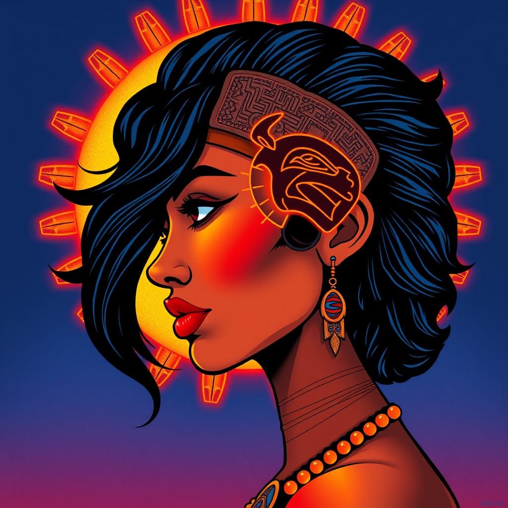Aztec Woman Profile with Sun Stone in Graphic Style