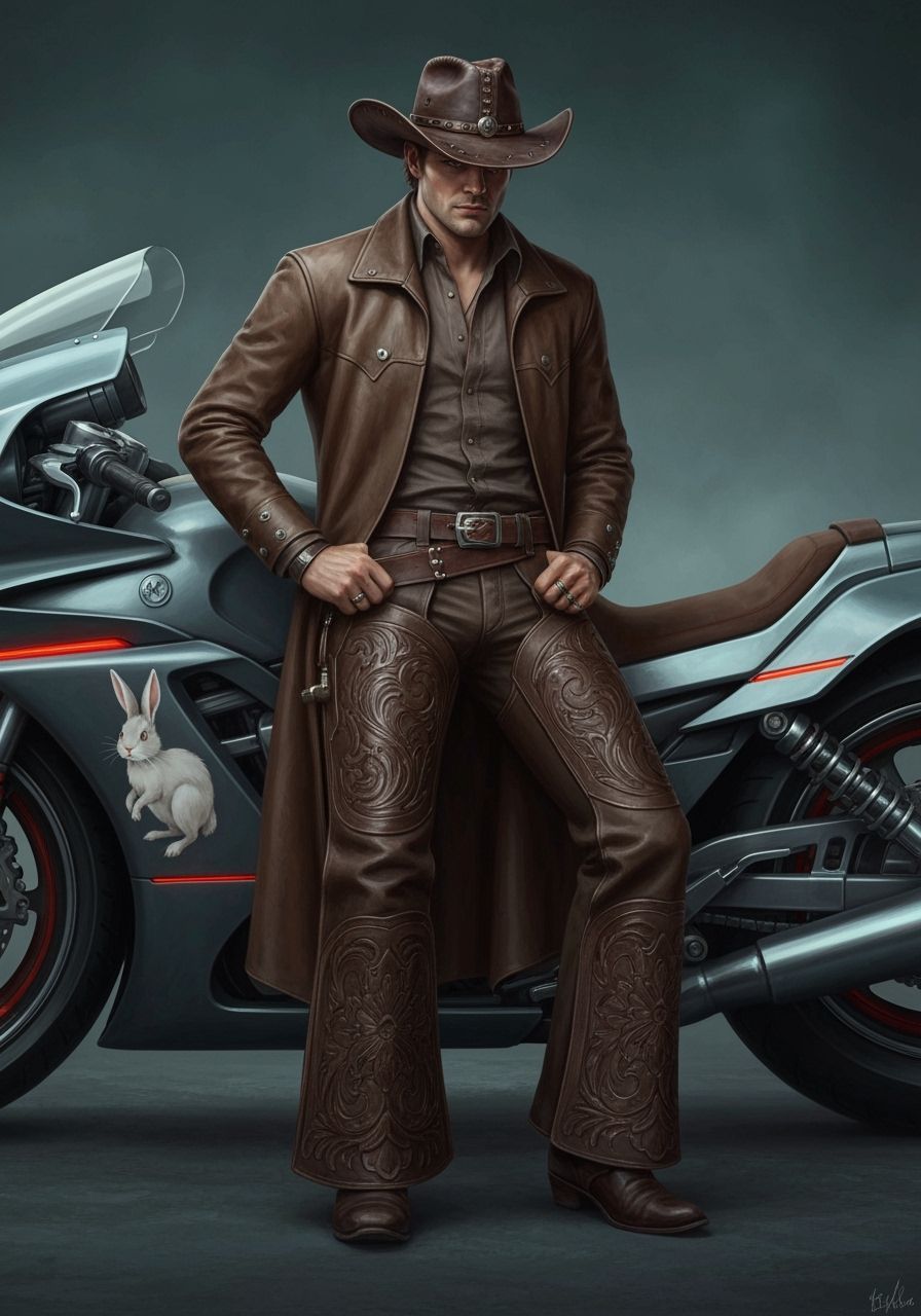 Cowboy Leaning on Futuristic Motorcycle in Neo-Noir Style
