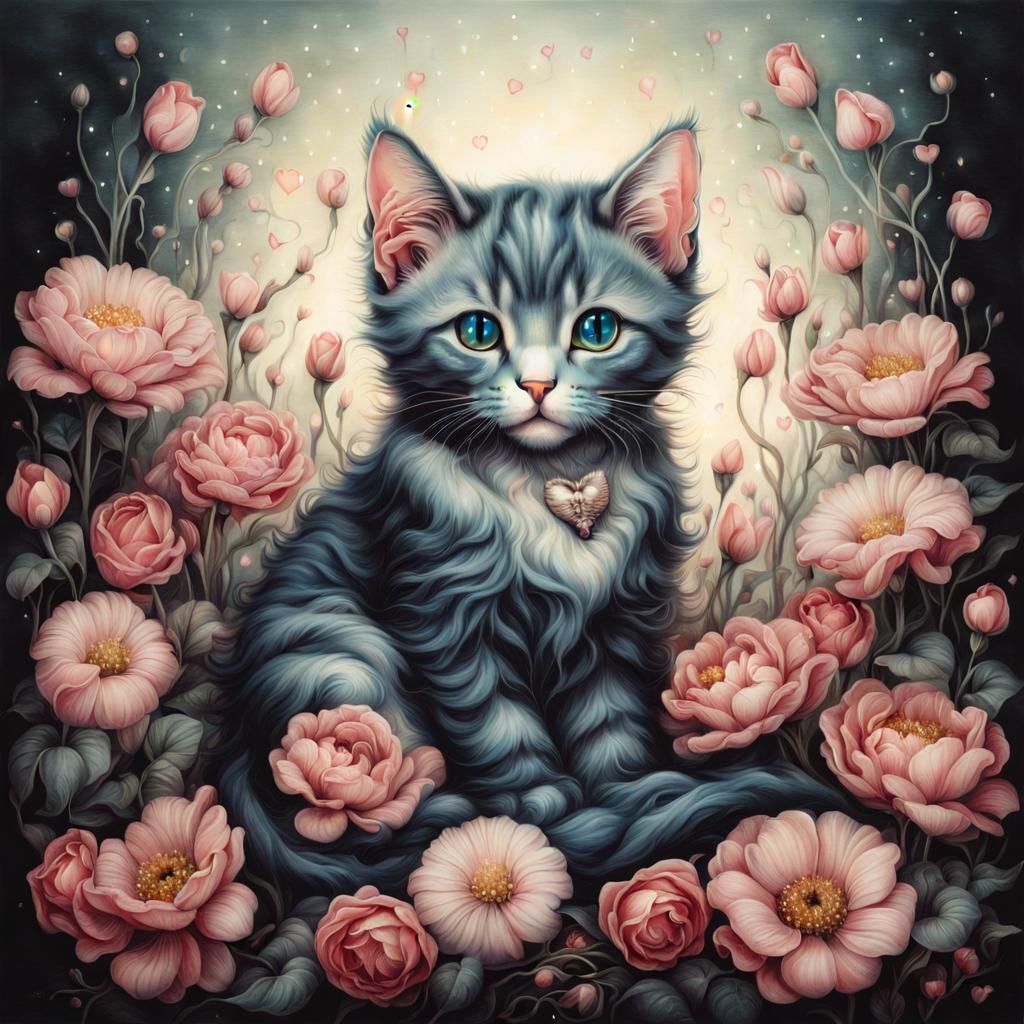 Cat Surrounded by Flowers in Naturalistic Style