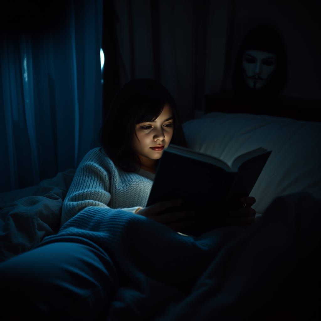 Girl Lost in Dark Romance Novel, Haunted by Mysterious Figur...