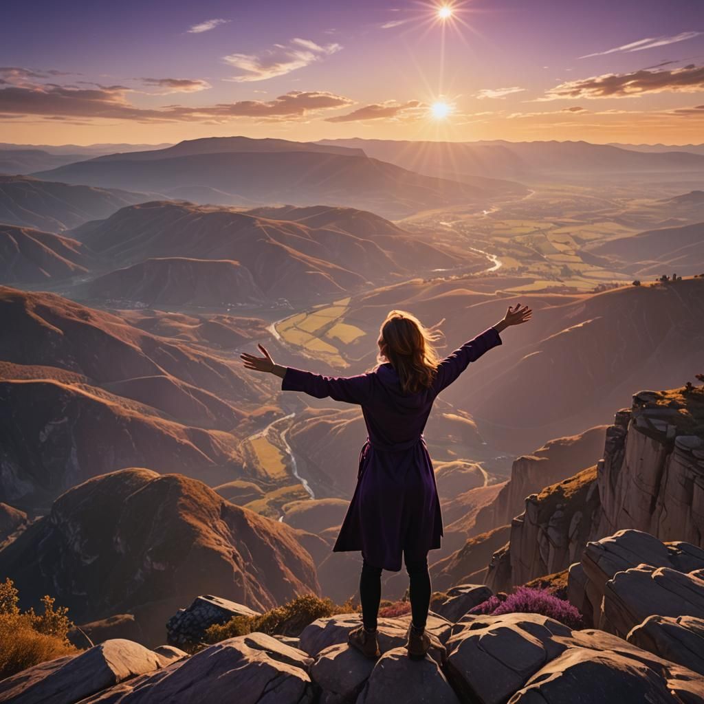 Woman on Cliff at Sunset in Cinematic Style