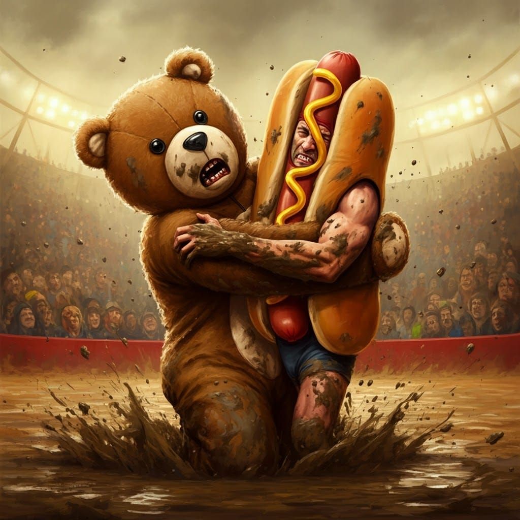 Teddy Bear Wrestler in Mud, Basquiat Style