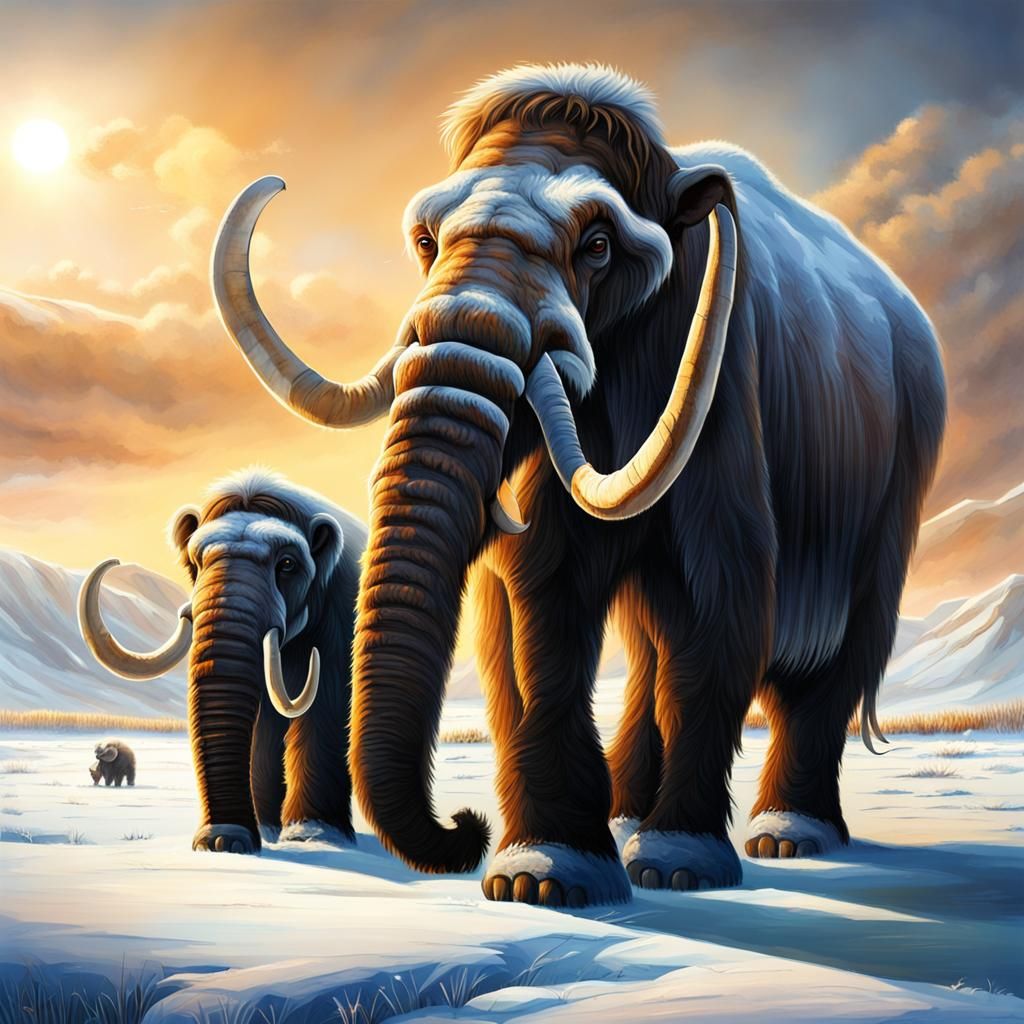 Woolly Mammoth Family on Siberian Steppe