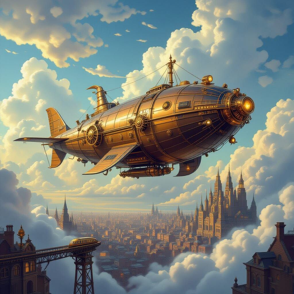 Steampunk Whale Airship Over Victorian City