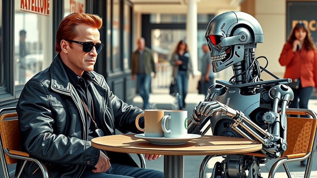 Arnold Schwarzenegger and Terminator Have Coffee, 80s Illust...