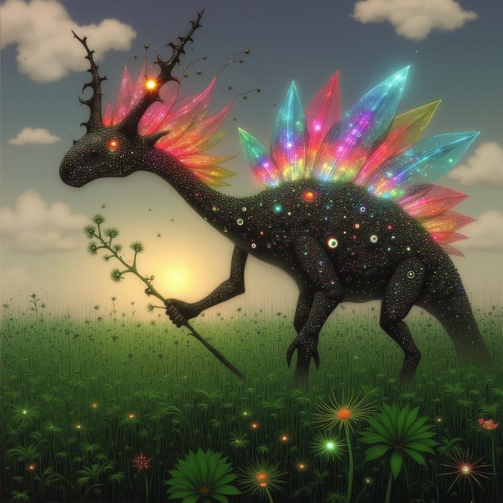 Dreamlike Gemstone Dinosaur in Vibrant Sunset Landscape