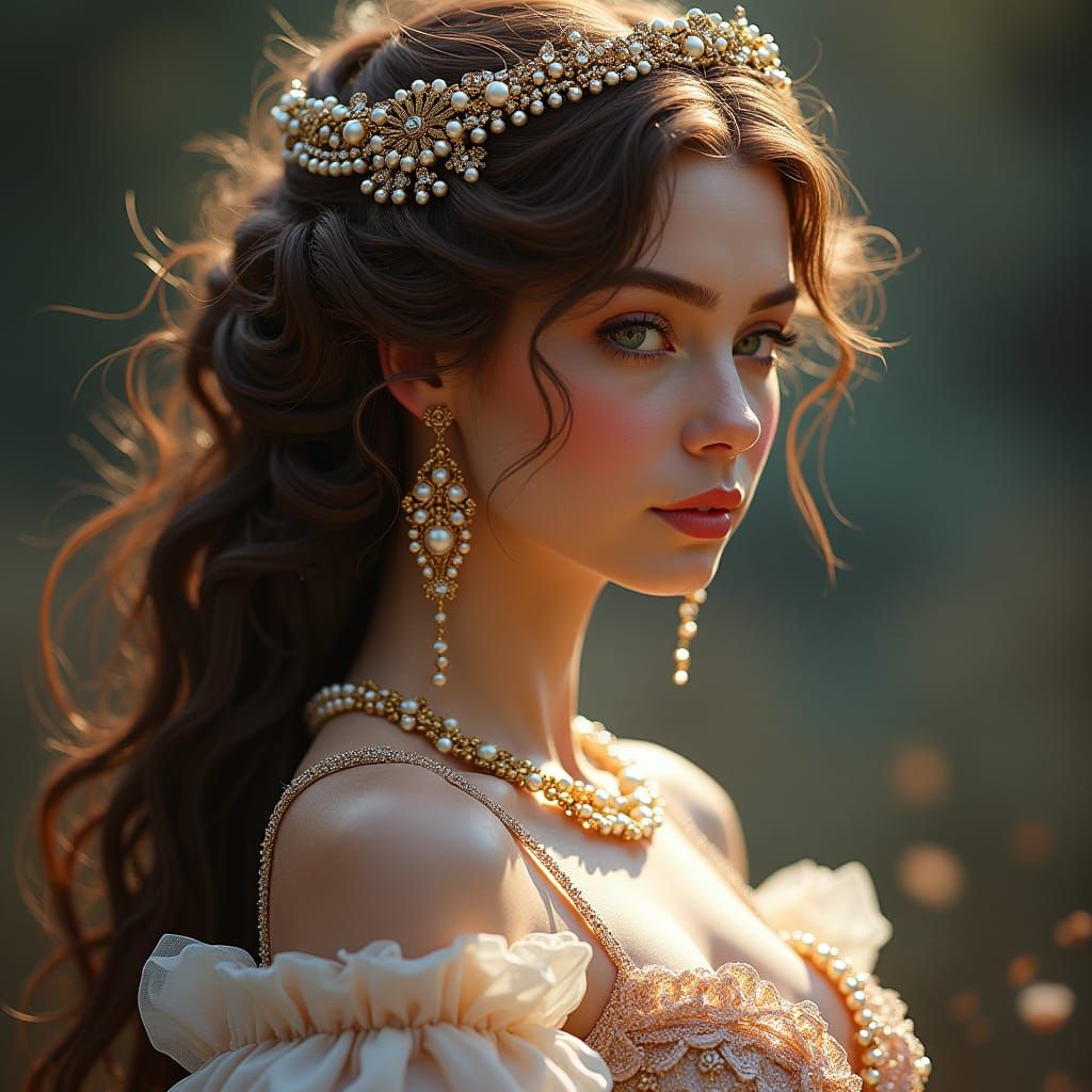 Pearl and Gem Adorned Rococo Portrait