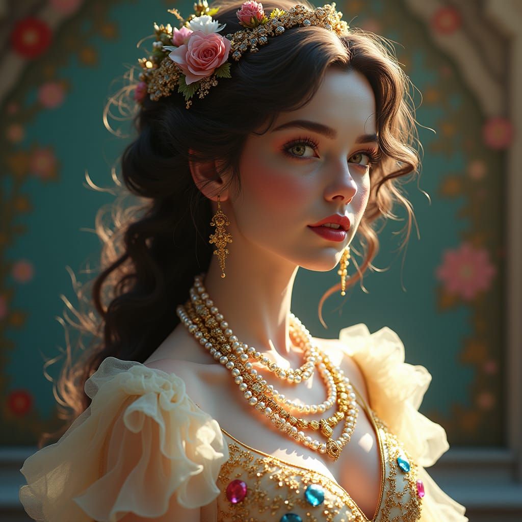 Rococo Portrait of Lady with Pearls and Gems