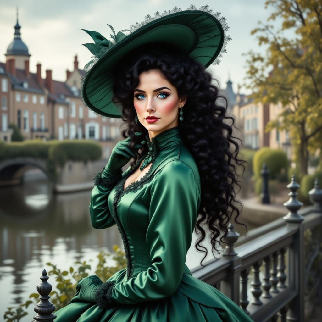 Victorian Woman by Riverbank in Digital Painting Style