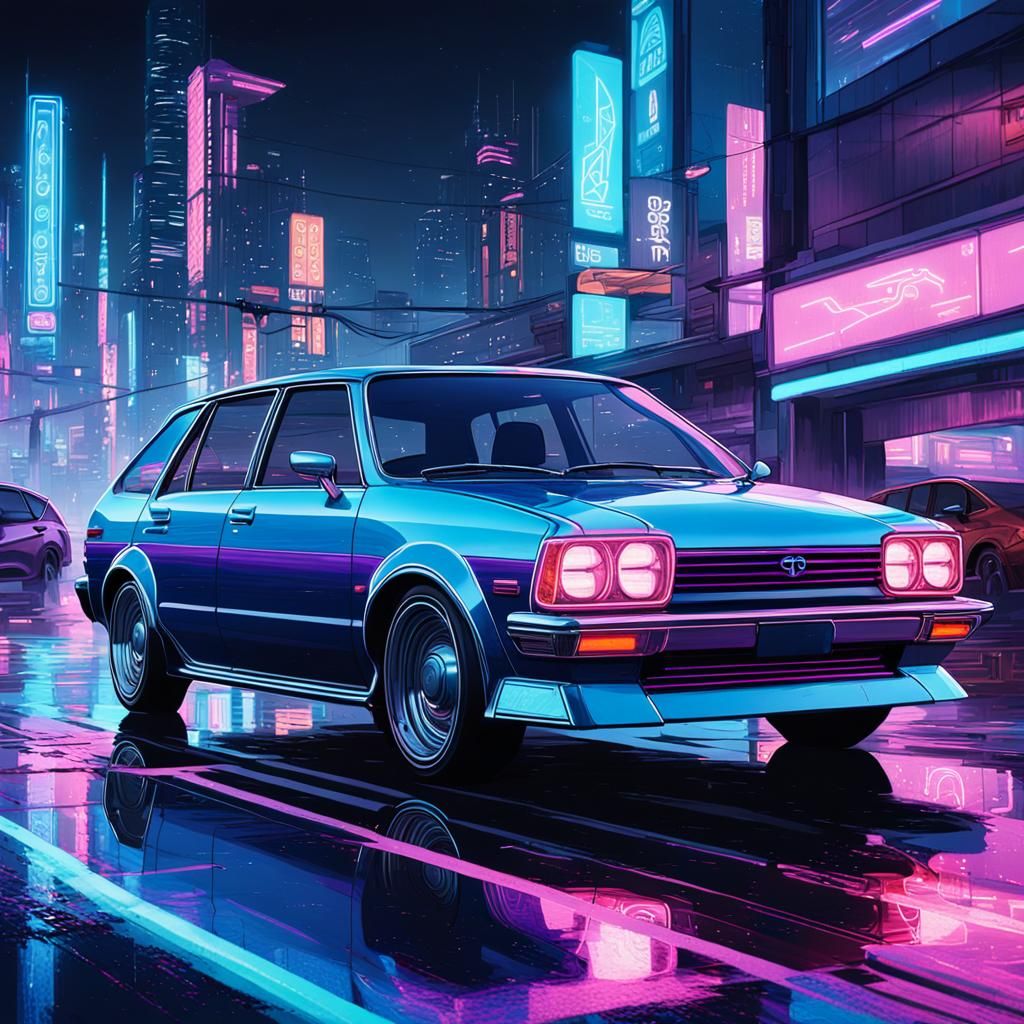 Retro Sci-Fi Toyota Corolla Spacio Cruising through Neon Cit...