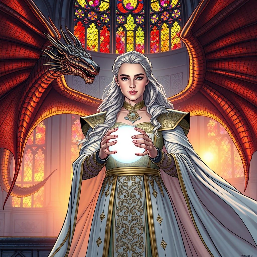 Ethereal Queen with Radiant Orb and Majestic Dragons at Suns...