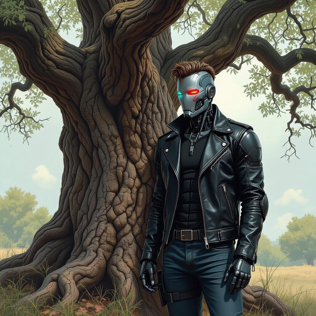 Cyborg and Oak Tree in Cyberpunk Style
