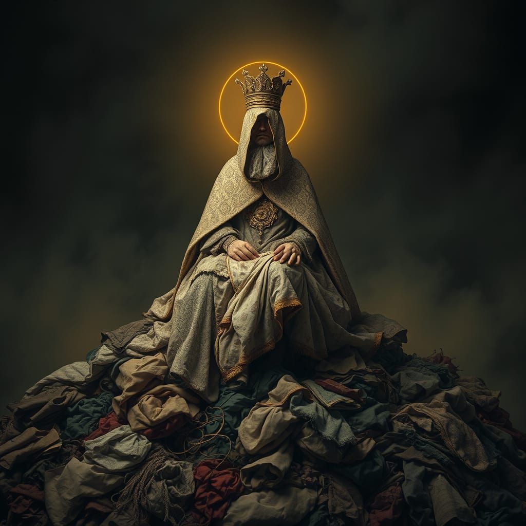 Mystical Figure Amidst Fabric Ruins in Golden Glow