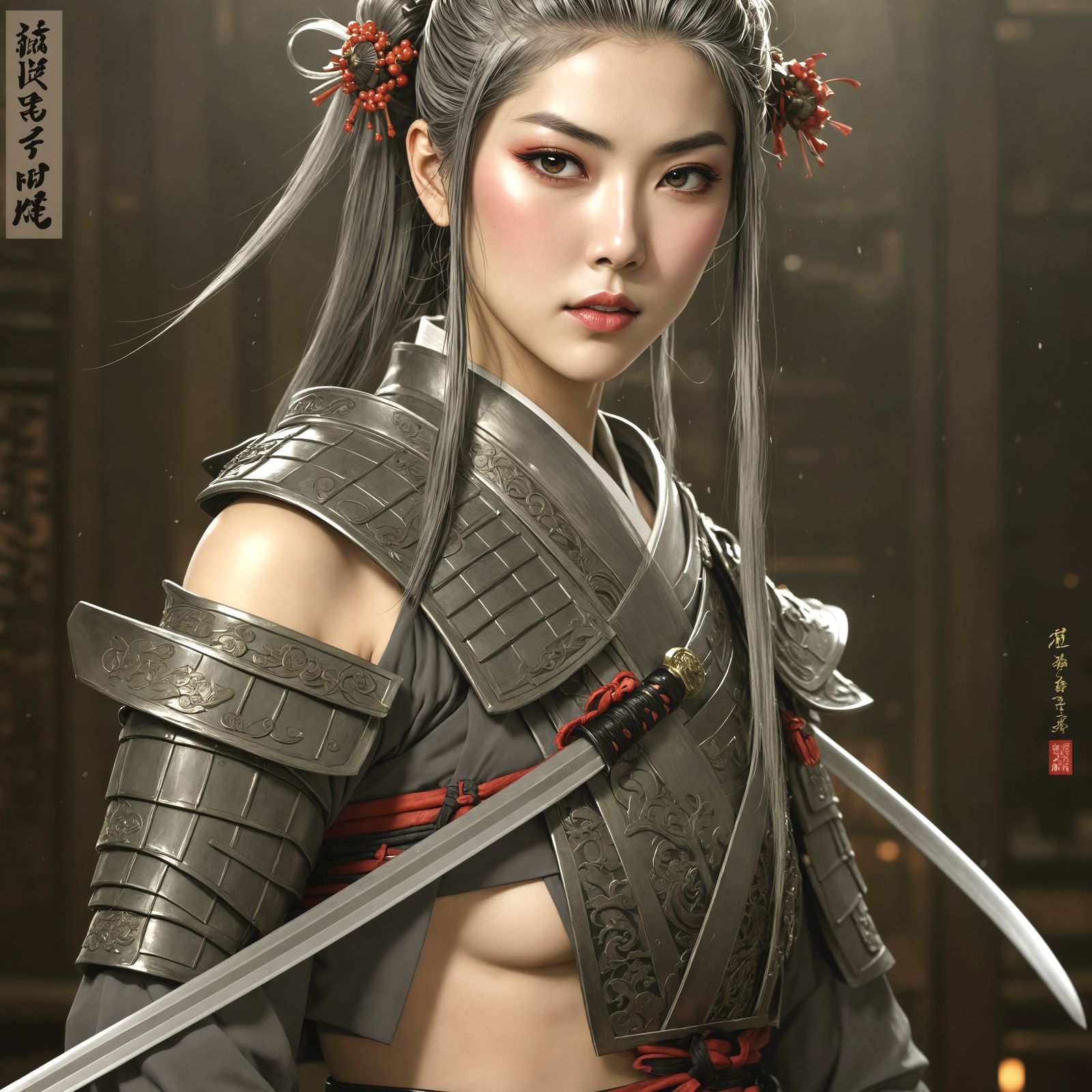 Beautiful Samurai Girl in Burning Temple, Digital Art