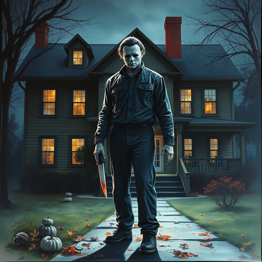 Michael Myers in Watercolor Horror Landscape