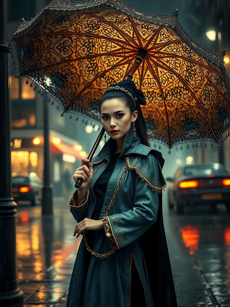 Modern Gothic Aristocrat in Rainy Cityscape
