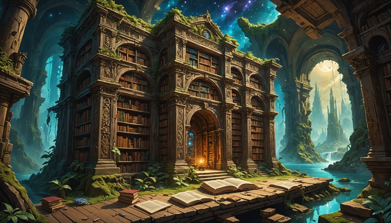 Ancient Library on Floating Stone in Cosmic Nebula
