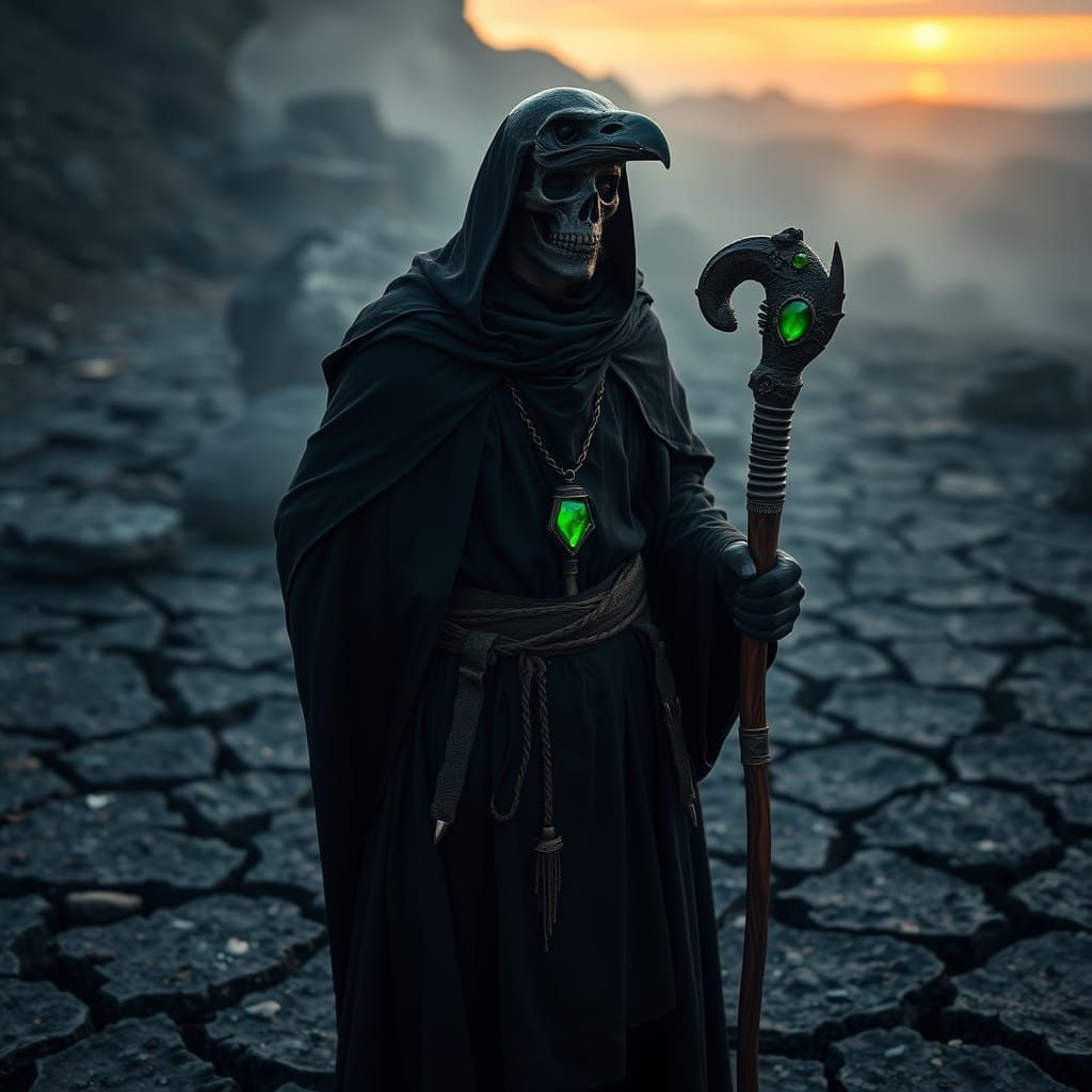 Warrior with Crow's Skull, Radiant Gemstone, and Dawn Atmosp...