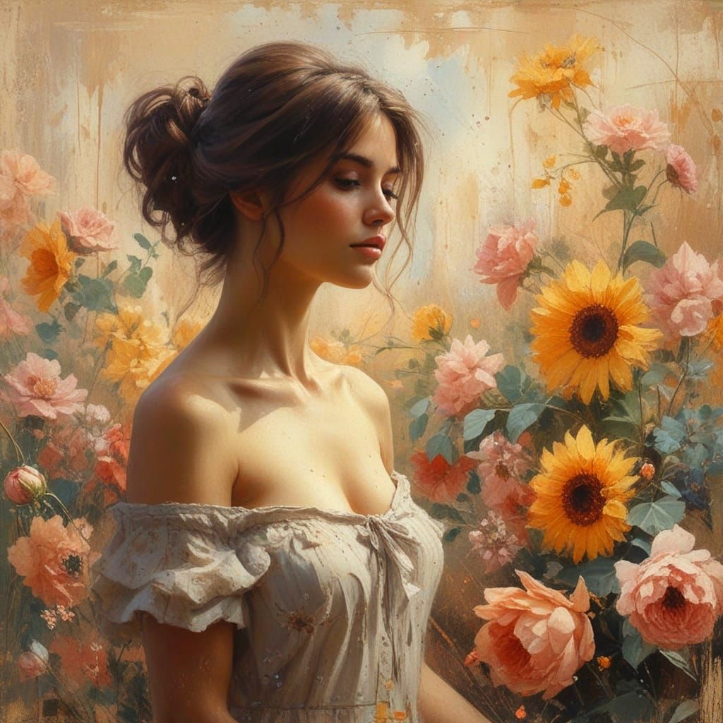 beautiful woman between flowers