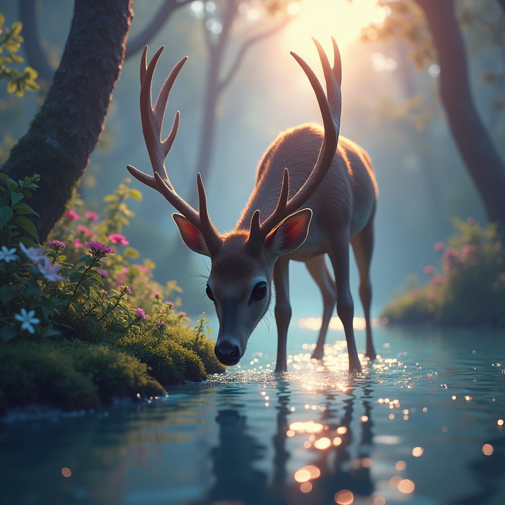 Deer Drinking in Mystical Forest Landscape