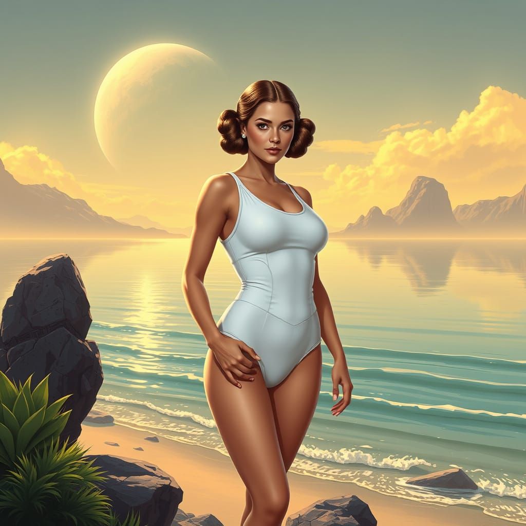 Princess Leia in Elegant White Swimwear on Tranquil Alderaan...
