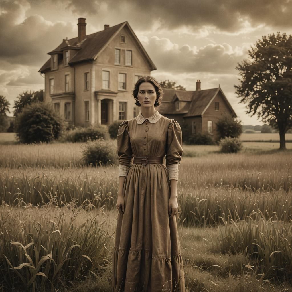 Through the years, 1900, lady on her land by her country hom...