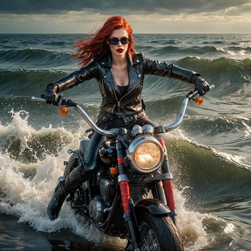 Glamorous Woman on Motorcycle, Detailed Digital Matte Painti...