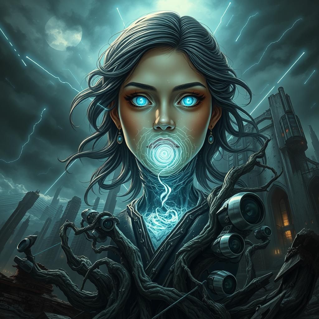 Ethereal Woman Levitation in Gothic Cyberpunk Cityscape